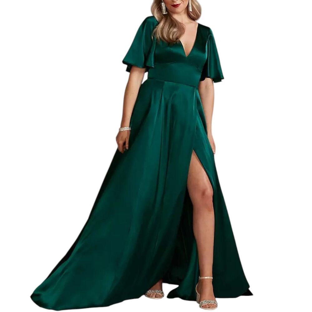 Galina Signature Emerald Charmeuse Flutter-Sleeve A-Line Dress 0